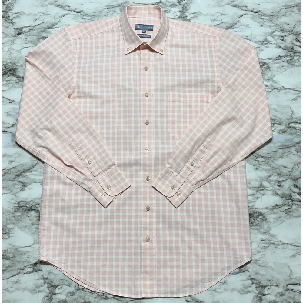 Hickey Freeman Men's Shirt Size M Pink White Check Button Up Long Sleeve Pocket - Picture 1 of 7